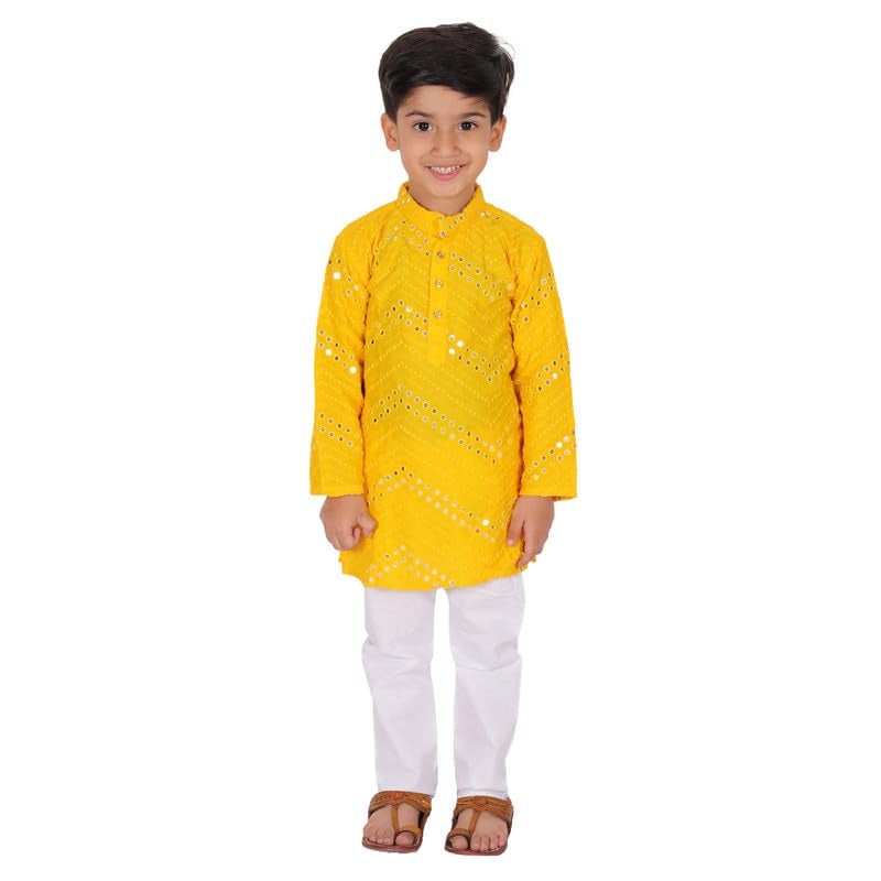superminis Boys Rayon Kurta Pyjama Set with Mirror Work & Elastic Waist | Kids Ethnic Wear for Wedding & Festive | Kurta Set for Boys (4-5 Years, Yellow) - Image 1