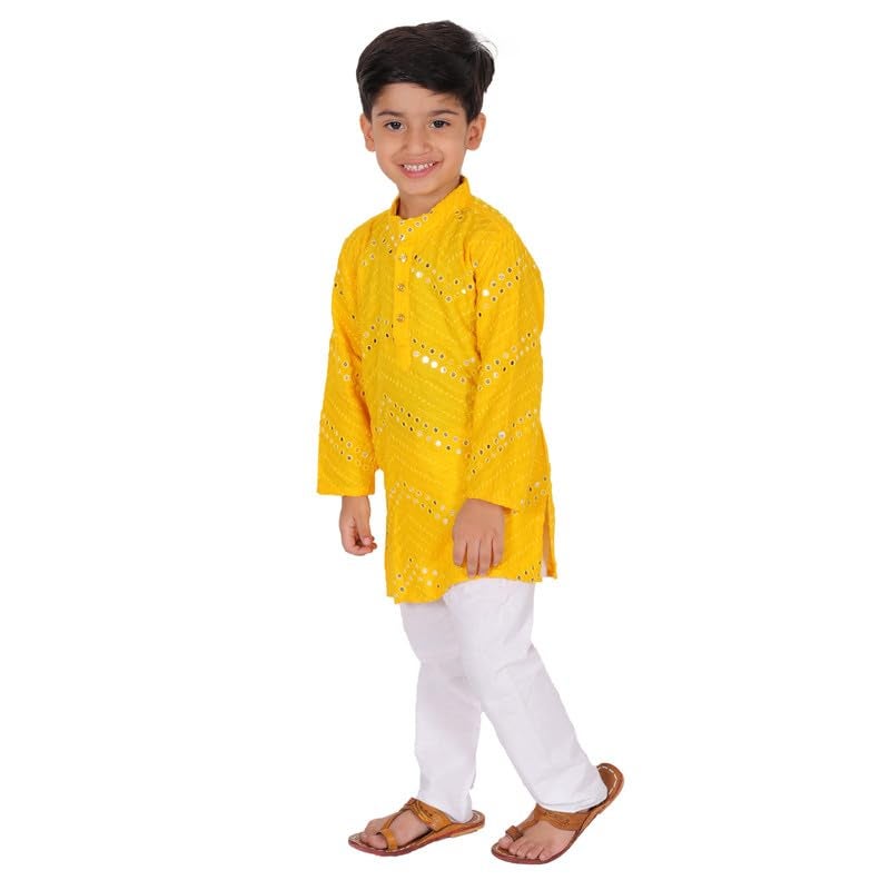 superminis Boys Rayon Kurta Pyjama Set with Mirror Work & Elastic Waist | Kids Ethnic Wear for Wedding & Festive | Kurta Set for Boys (4-5 Years, Yellow) - Image 4