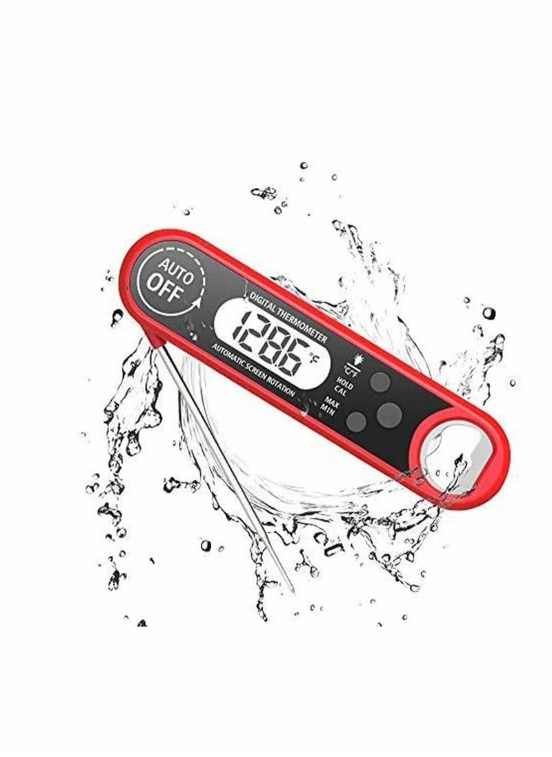 Excefore - Digital Food Thermometer with Bottle Opener, Instant Read Sugar Thermometer Foldable Electronic Meat Thermometer with Probe, Red - Image 1