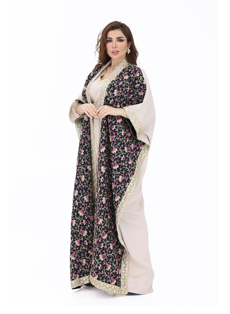 Modern Design Ramadan Jalabiya with a luxurious floral shawl made of Sway material. The Jalabiya comes with a wide shawl and an elegant floral design.  - Image 2