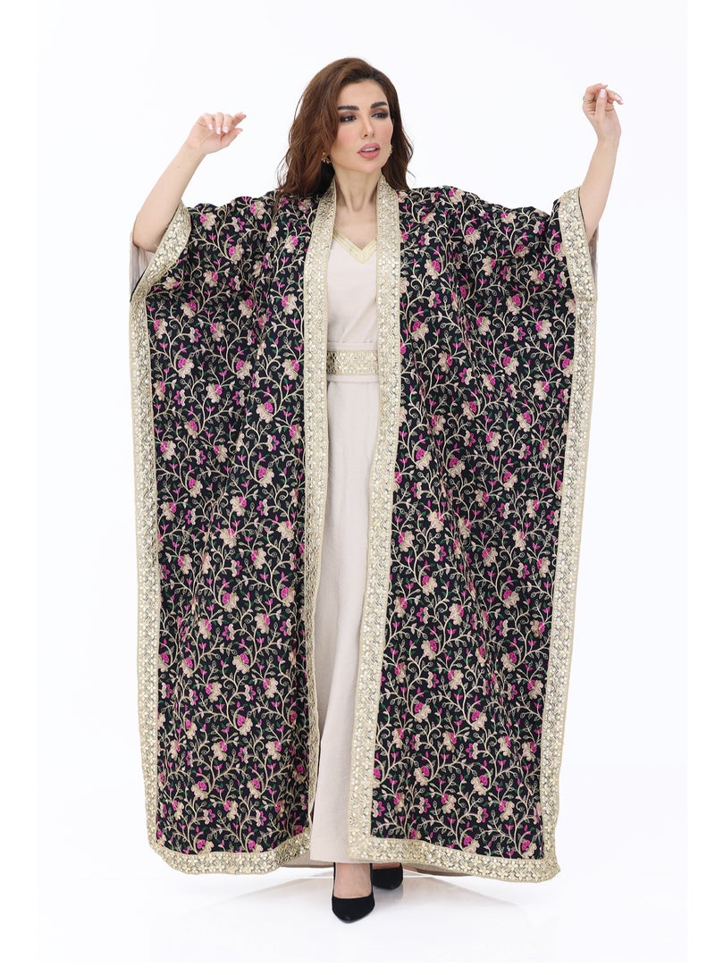 Modern Design Ramadan Jalabiya with a luxurious floral shawl made of Sway material. The Jalabiya comes with a wide shawl and an elegant floral design.  - Image 1