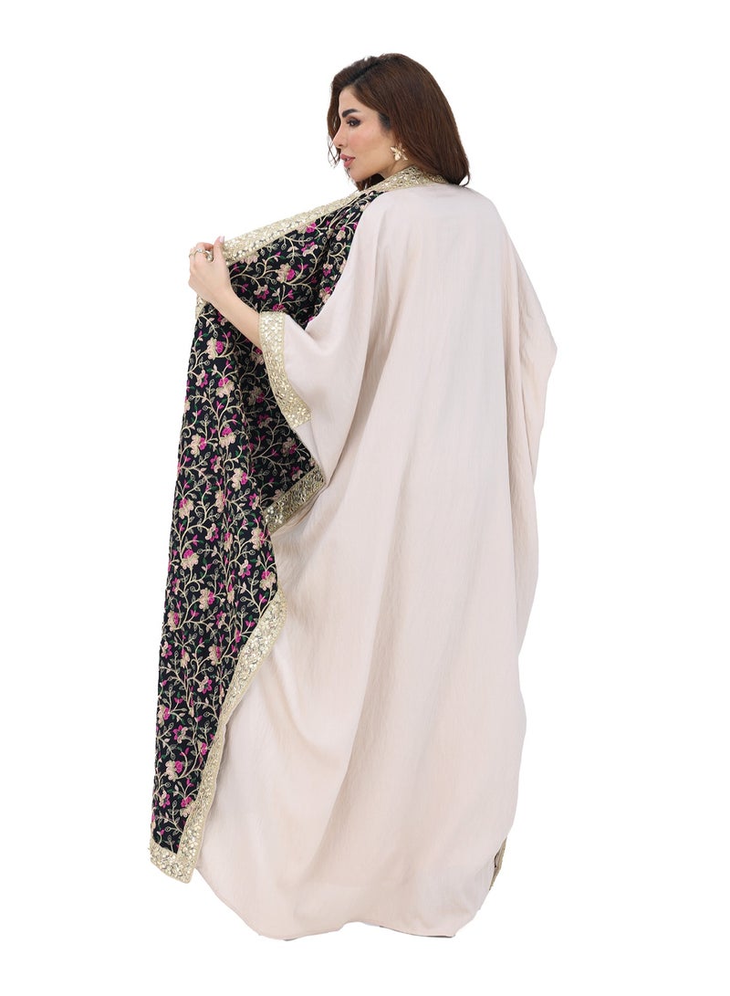 Modern Design Ramadan Jalabiya with a luxurious floral shawl made of Sway material. The Jalabiya comes with a wide shawl and an elegant floral design.  - Image 3