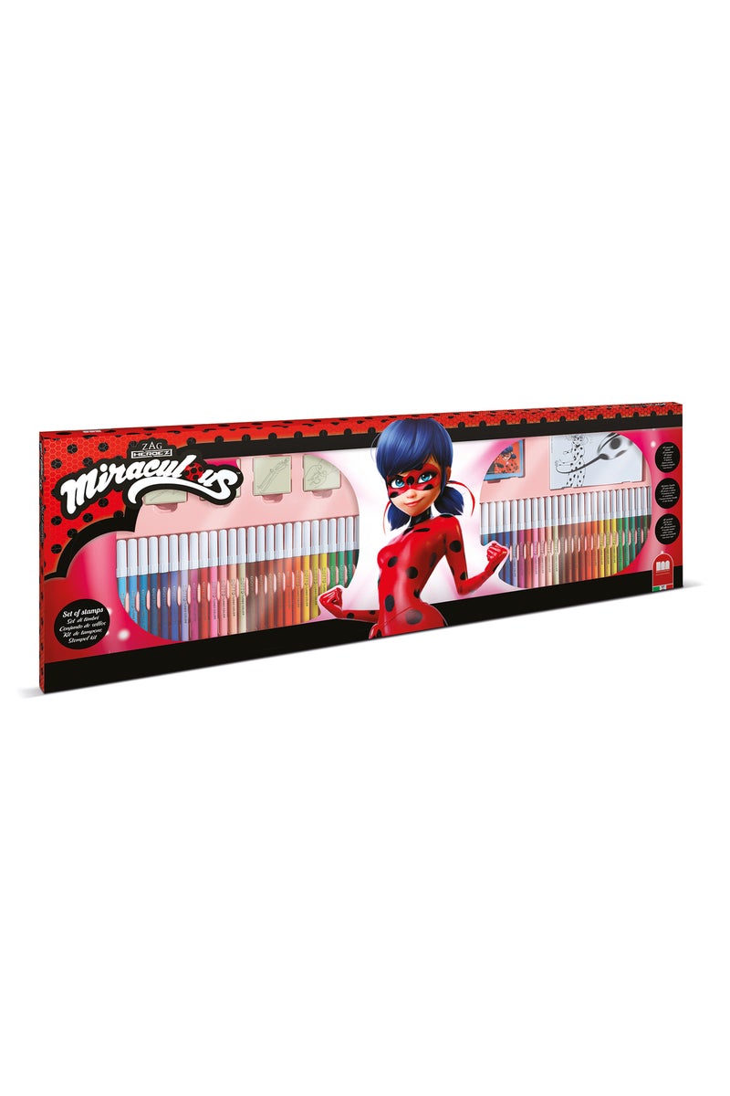 MULTIPRINT Miraculous Ladybug Mega Art Case for Kids – 86x54cm Set with 60 Felt Tip Pens, 10 Pencil Crayons, 10 Wax Crayons, 6 Stamps, Ink Pad, Coloring Book, Notebook & 30 Stickers - Image 1