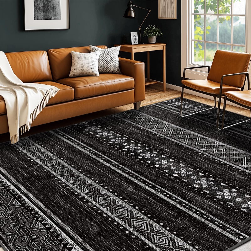 BESTSWEETIE 5x7 Area Rugs for Living Room Washable Moroccan Farmhouse Neutral Geometric Low Pile Non-Slip Soft Print Pattern Rug for Bedroom Kitchen Dining Room Entryway Black/White - Image 2