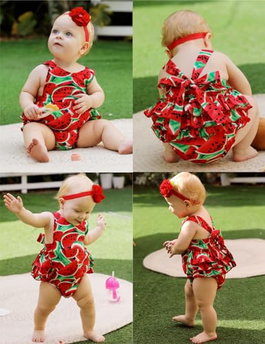 PrinceSasa Baby Girl Clothes Watermelon Floral Ruffles Summer Cake Smash Outfits and Headband for Newborn Gifts,A20,7-12 Months(Size M) - Image 2