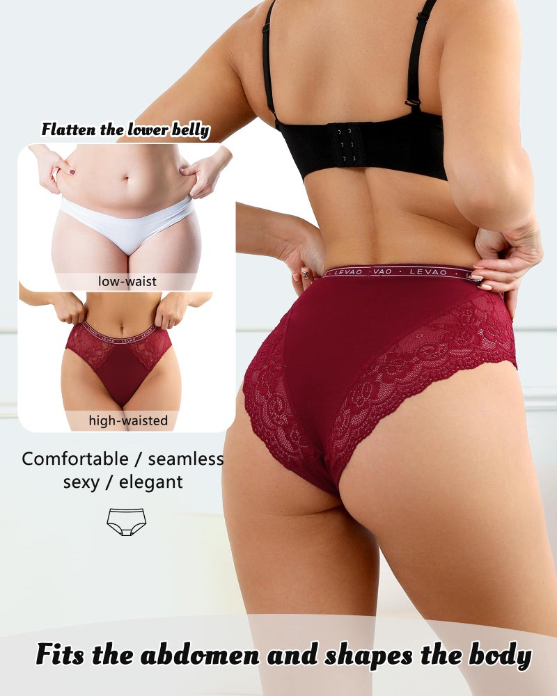 LEVAO Women's High Waist Cotton Underwear Lace Trim Bikini Panties - Soft Comfort Everyday Briefs with Logo Waistband S-2XL - Image 2
