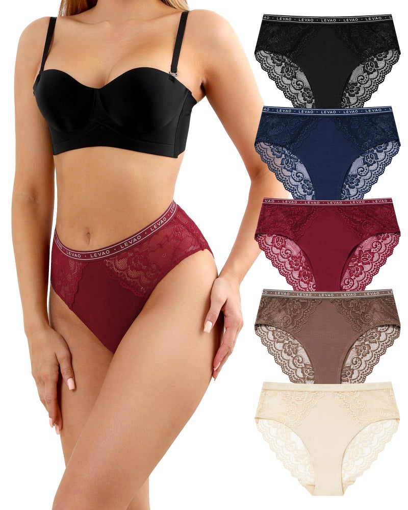 LEVAO Women's High Waist Cotton Underwear Lace Trim Bikini Panties - Soft Comfort Everyday Briefs with Logo Waistband S-2XL - Image 1