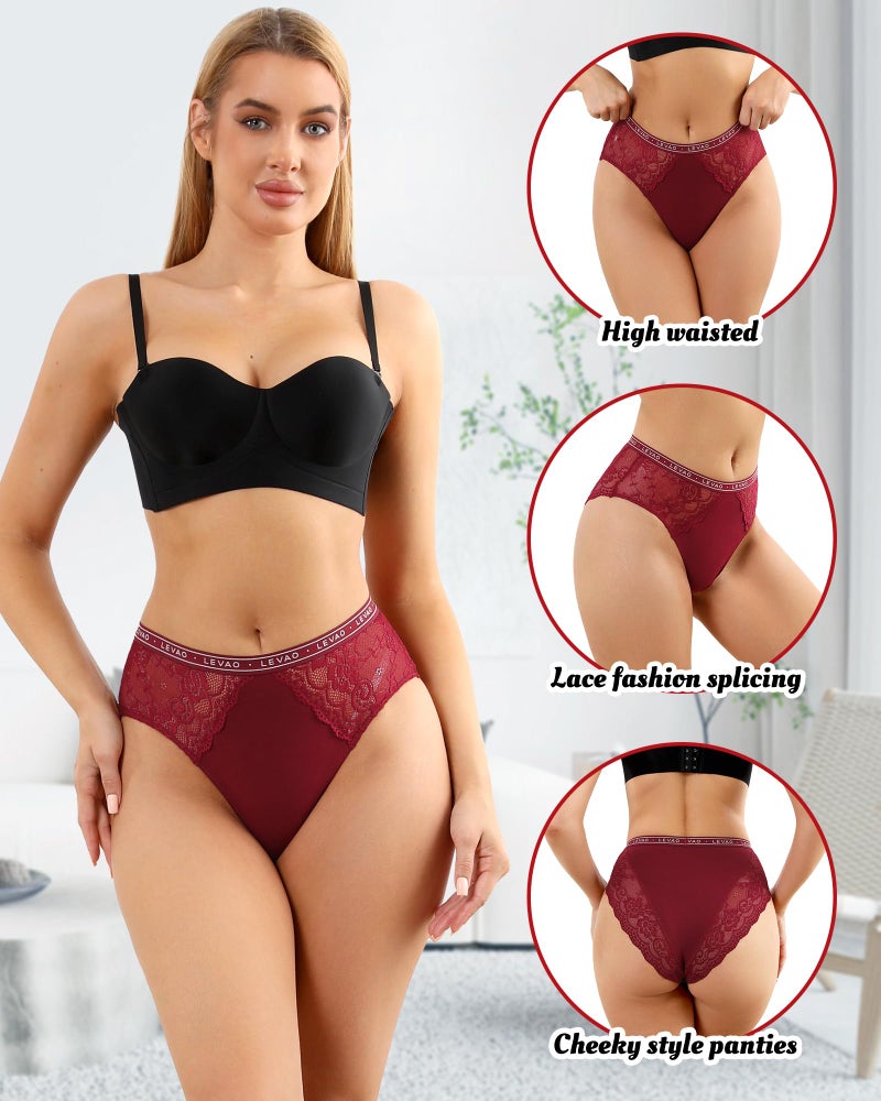 LEVAO Women's High Waist Cotton Underwear Lace Trim Bikini Panties - Soft Comfort Everyday Briefs with Logo Waistband S-2XL - Image 4