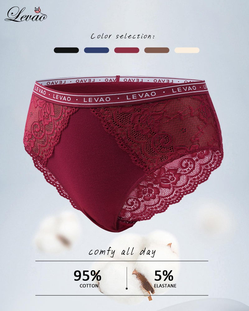 LEVAO Women's High Waist Cotton Underwear Lace Trim Bikini Panties - Soft Comfort Everyday Briefs with Logo Waistband S-2XL - Image 3