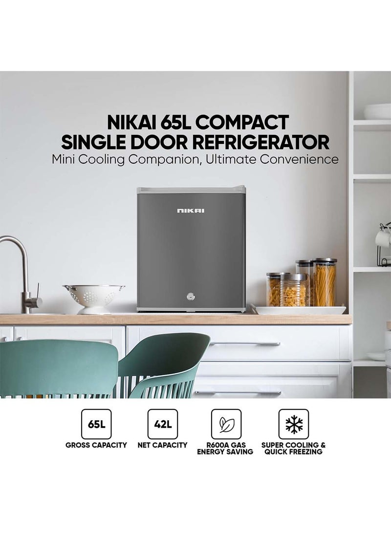 NIKAI 65L Gross / 42L Net, Compact Single Door Mini Refrigerator, Portable Small Size Fridge With Toughened Glass Shelves, Vegetable Crisper And Bottle Storage Racks, Best For Home, Office, Bedroom NRF65N6 Silver - Image 2