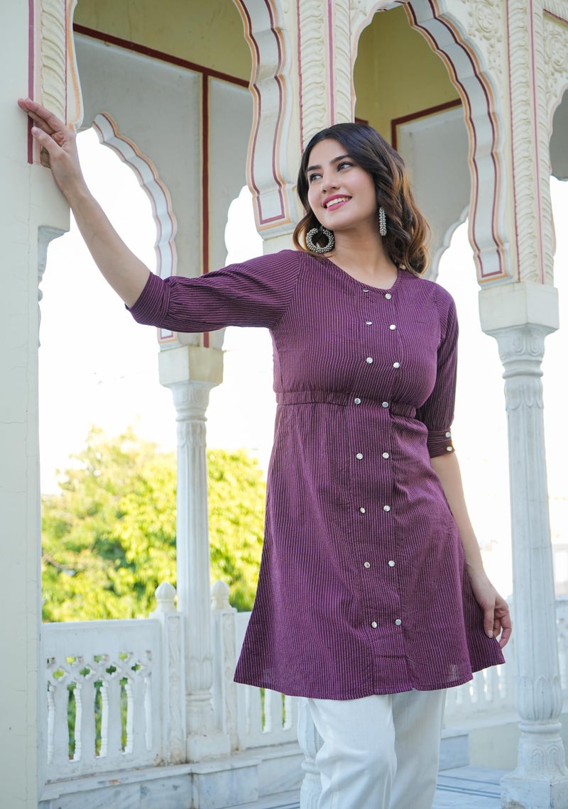 Yash Gallery Women's Kantha Cotton Stripes Printed Regular Tunic (XL, Wine) - Image 3
