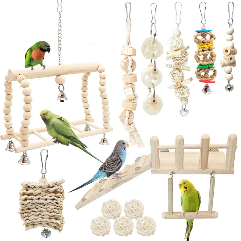 Hamiledyi 13Pcs Parrot Swing Chew Toys Bird Perches Platform with Climbing Ladder Hanging Cage Accessories for Parakeet, Conure, Finch, Lovebirds, Budgie, Canary Standing - Image 1