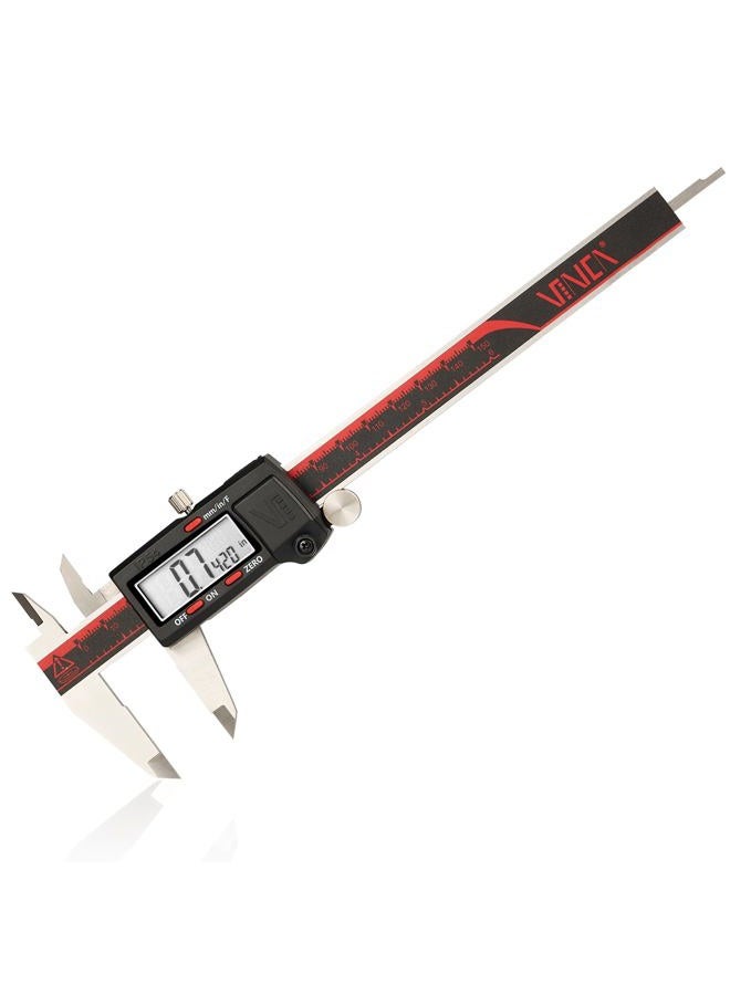 VINCA DCLA-0605 Electronic Digital Vernier Micrometer Caliper Measuring Tool Stainless Steel Large LCD Screen 0-6 Inch/150mm, Inch/Metric/Fractions, Red/Black - Image 1