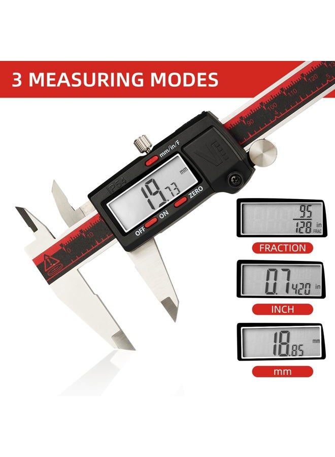 VINCA DCLA-0605 Electronic Digital Vernier Micrometer Caliper Measuring Tool Stainless Steel Large LCD Screen 0-6 Inch/150mm, Inch/Metric/Fractions, Red/Black - Image 2