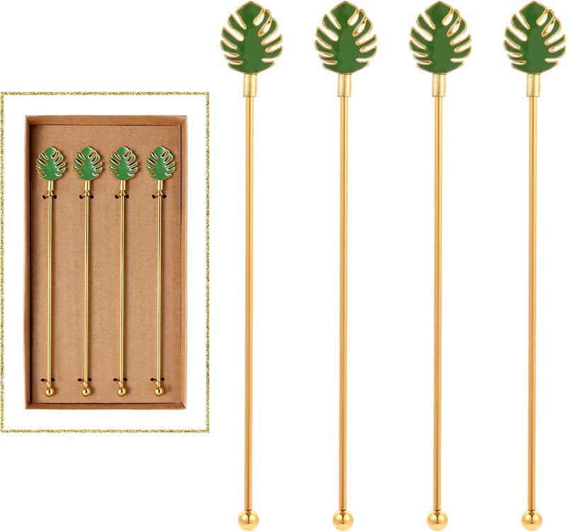 GaryVault Palm leaf Drink Stirrer Sticks Stainless Steel Coffee Beverage Stirrers，Set of 4 Cocktail Swizzle Stick,7.5", Multicolor - Image 1