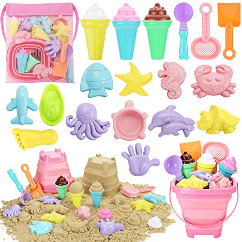 REZUCREY Beach Toys Ice Cream Sand Toys for Toddlers with Collapsible Bucket and Shovels for Kids with Bag Travel Toys for Boys Baby Girls Age 3 4 5 6 7 8 - Image 1