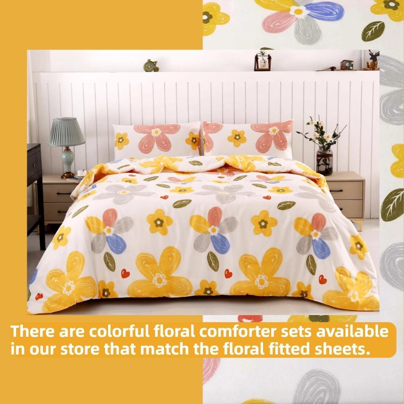 SDIII Colorful Floral Full Size Fitted Sheet with 2 Pillowcases, Not Including Flat Sheet, Soft Microfiber Cute Floral Full Size Sheets Fall - Image 5