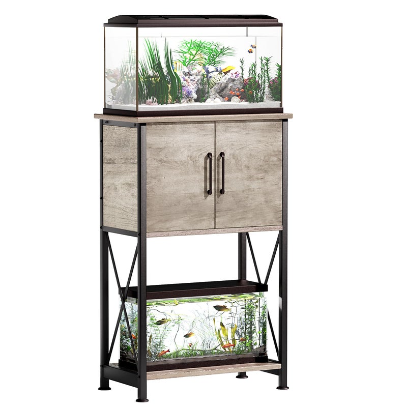 Herture 5-10 Gallon Fish Tank Stand, Metal Double Aquarium Stand with Cabinet for Fish Tank Accessories Storage, Heavy Duty 20.5" L* 11.02" W Tabletop, 500LBS Capacity Grey PG06YGZ - Image 1