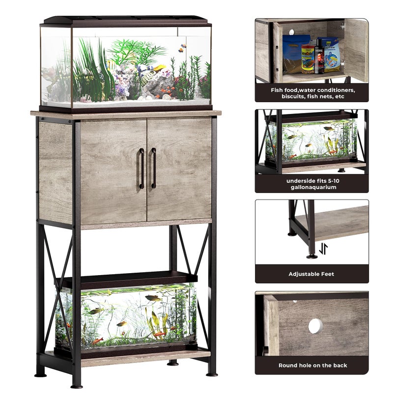 Herture 5-10 Gallon Fish Tank Stand, Metal Double Aquarium Stand with Cabinet for Fish Tank Accessories Storage, Heavy Duty 20.5" L* 11.02" W Tabletop, 500LBS Capacity Grey PG06YGZ - Image 3