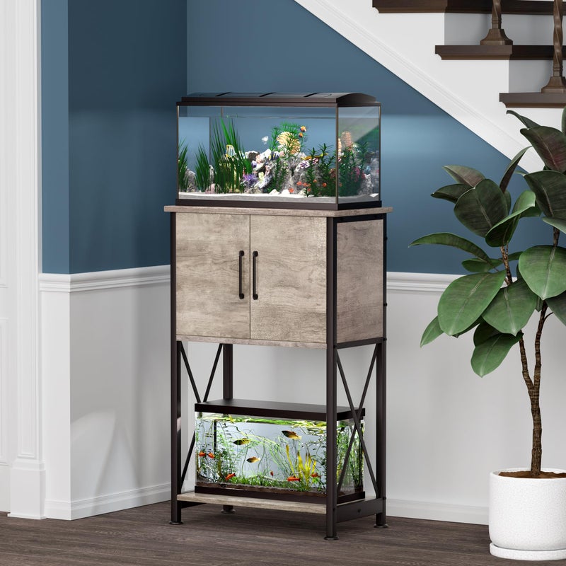 Herture 5-10 Gallon Fish Tank Stand, Metal Double Aquarium Stand with Cabinet for Fish Tank Accessories Storage, Heavy Duty 20.5" L* 11.02" W Tabletop, 500LBS Capacity Grey PG06YGZ - Image 4