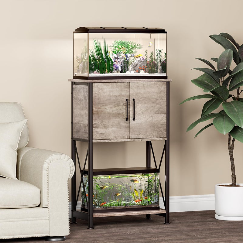 Herture 5-10 Gallon Fish Tank Stand, Metal Double Aquarium Stand with Cabinet for Fish Tank Accessories Storage, Heavy Duty 20.5" L* 11.02" W Tabletop, 500LBS Capacity Grey PG06YGZ - Image 2