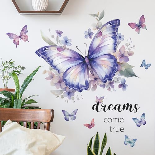 RAINBOW WSK Purple Butterfly Wall Decals Removable Butterfly Flower Wall Stickers Peel and Stick Butterflies Wall Decor Stickers for Kids Girls Bedroom Nursery Bathroom Decorations VA-G006 - Image 2