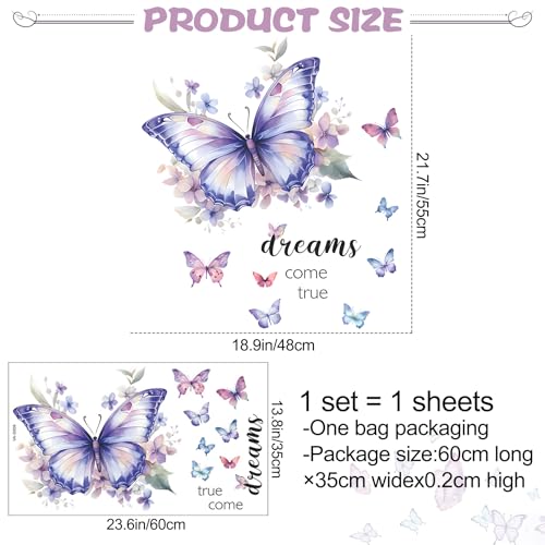 RAINBOW WSK Purple Butterfly Wall Decals Removable Butterfly Flower Wall Stickers Peel and Stick Butterflies Wall Decor Stickers for Kids Girls Bedroom Nursery Bathroom Decorations VA-G006 - Image 3