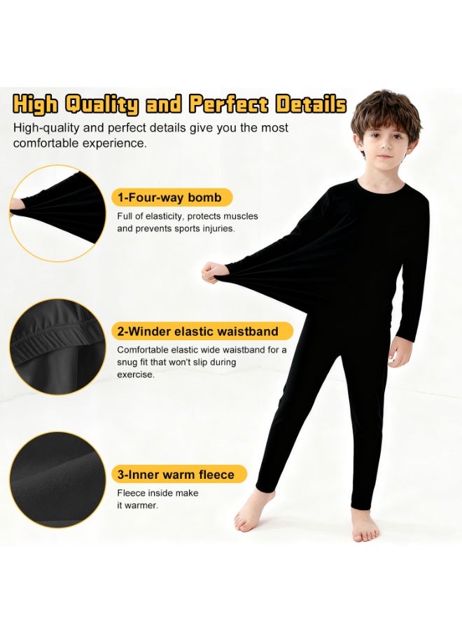 ناكسي فلاي طقم ملابس داخلية حرارية للأطفال، خفيف الوزن وداخله من صوف ناعم جدًا، ملابس داخلية حرارية للأطفال الصغار، طبقات أساسية للأطفال للتزلج، طقم ملابس داخلية حرارية للأولاد والبنات (أسود) - Image 3