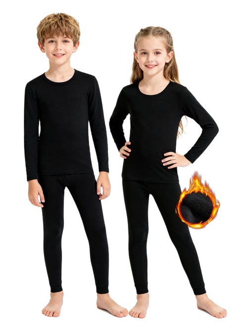 طقم ملابس داخلية حرارية للأطفال، خفيف الوزن وداخله من صوف ناعم جدًا، ملابس داخلية حرارية للأطفال الصغار، طبقات أساسية للأطفال للتزلج، طقم ملابس داخلية حرارية للأولاد والبنات (أسود)