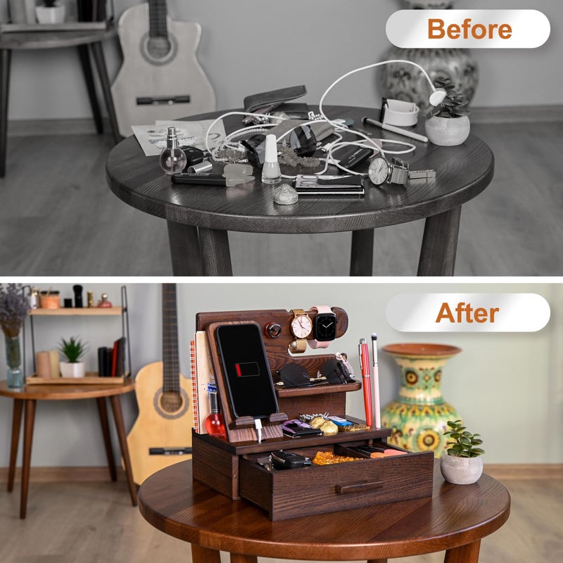 Wood Phone Docking Station with Drawer - Nightstand Organizer - Desk Organizer for Husband - Birthday Gifts for Men, Dad, Anniversary Idea, Key Holder Stand Watch u0026 Accessories (Bourbon Brown) - Image 3
