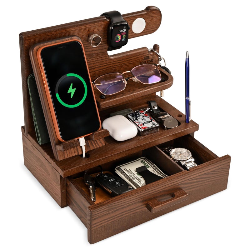 Wood Phone Docking Station with Drawer - Nightstand Organizer - Desk Organizer for Husband - Birthday Gifts for Men, Dad, Anniversary Idea, Key Holder Stand Watch u0026 Accessories (Bourbon Brown) - Image 1