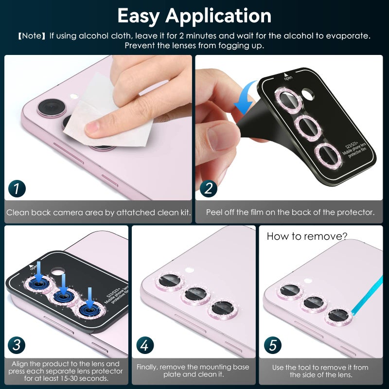 CloudValley [3 Pcs for Samsung Galaxy S24 / S23 / S23 Plus Camera Lens Protector, 9H Tempered Glass + Aluminum Alloy Metal Individual Lens Protective Ring 5G 2023, Glitter Purple - Image 2