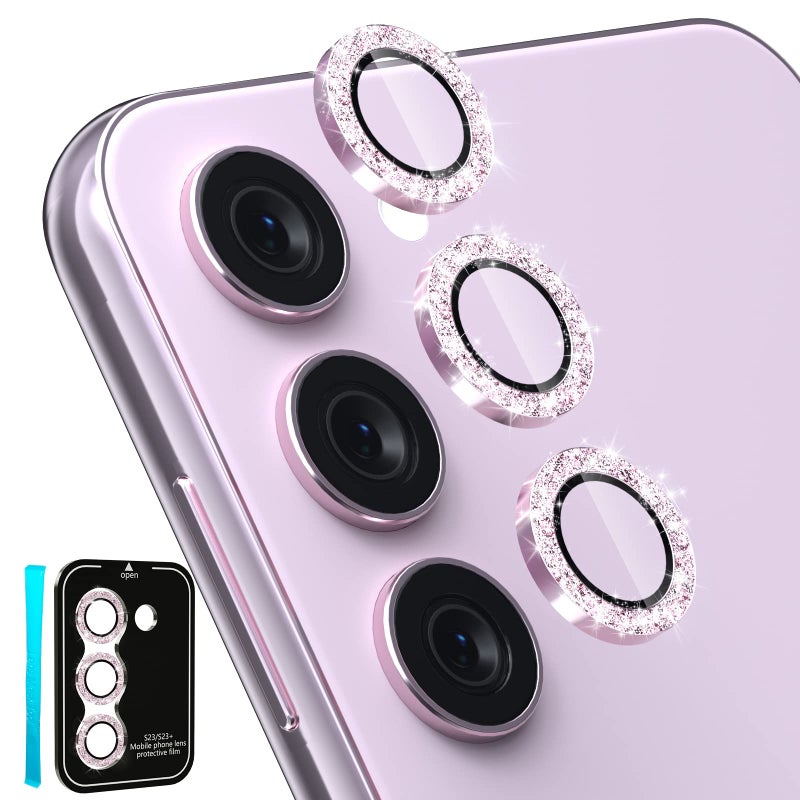 CloudValley [3 Pcs for Samsung Galaxy S24 / S23 / S23 Plus Camera Lens Protector, 9H Tempered Glass + Aluminum Alloy Metal Individual Lens Protective Ring 5G 2023, Glitter Purple - Image 1
