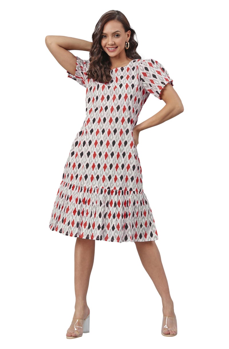 Janasya Women's White Pure Cotton Ikkat Printed A-Line Dress (JAC24DR01426-XL) - Image 1