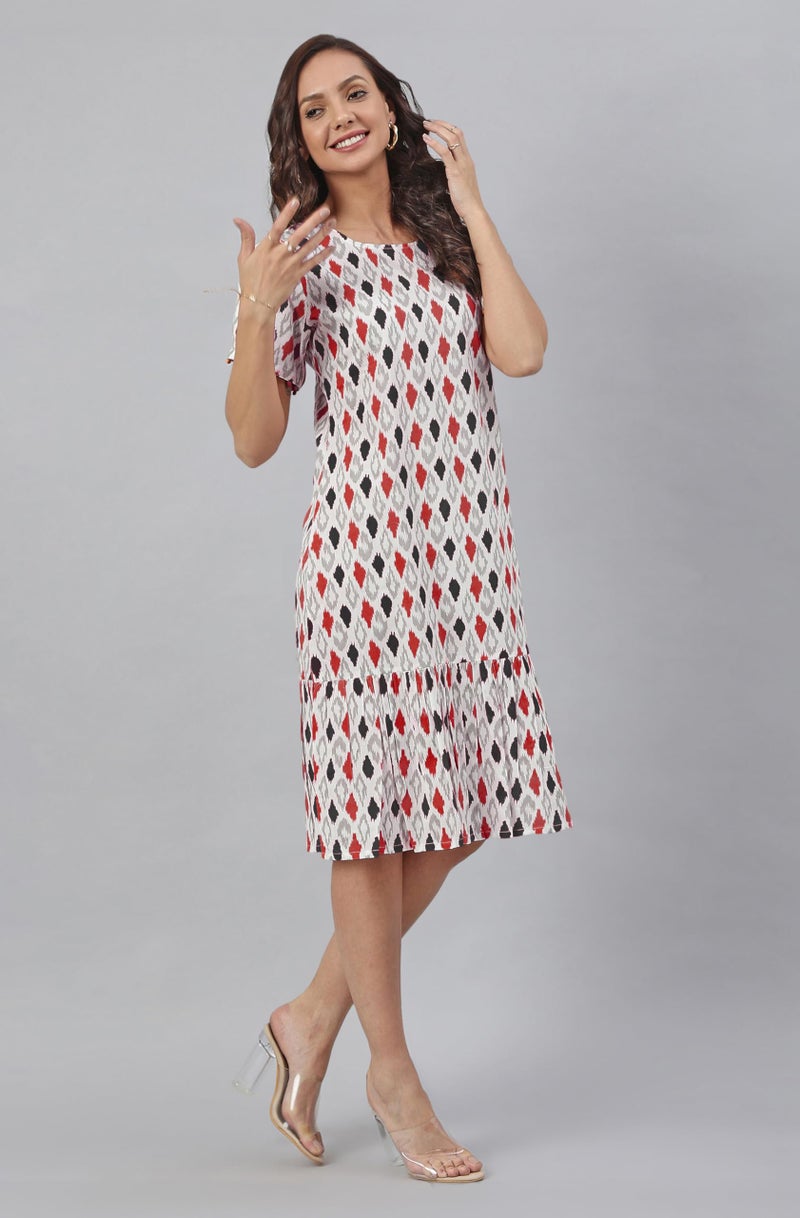 Janasya Women's White Pure Cotton Ikkat Printed A-Line Dress (JAC24DR01426-XL) - Image 4