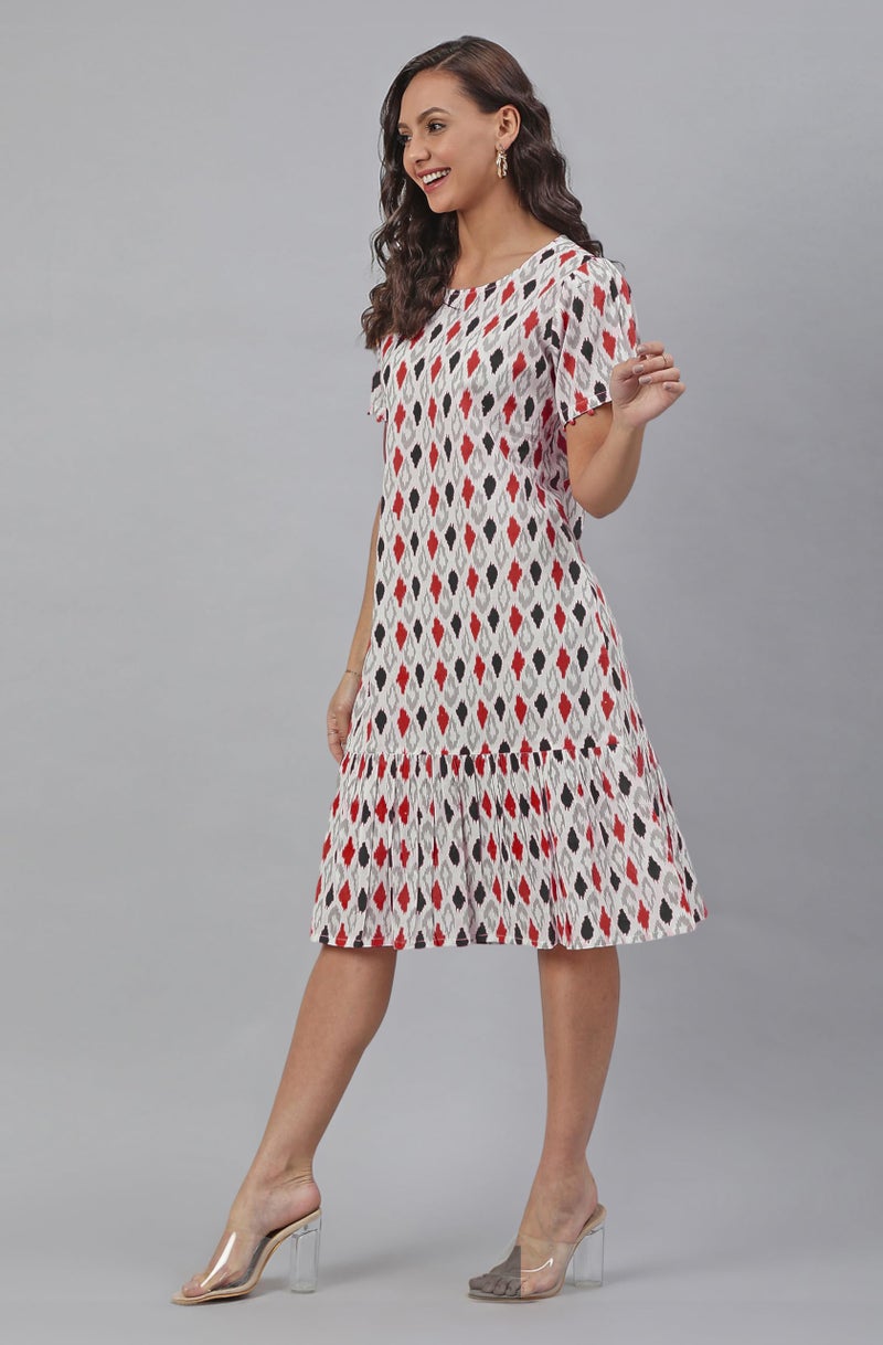 Janasya Women's White Pure Cotton Ikkat Printed A-Line Dress (JAC24DR01426-XL) - Image 3