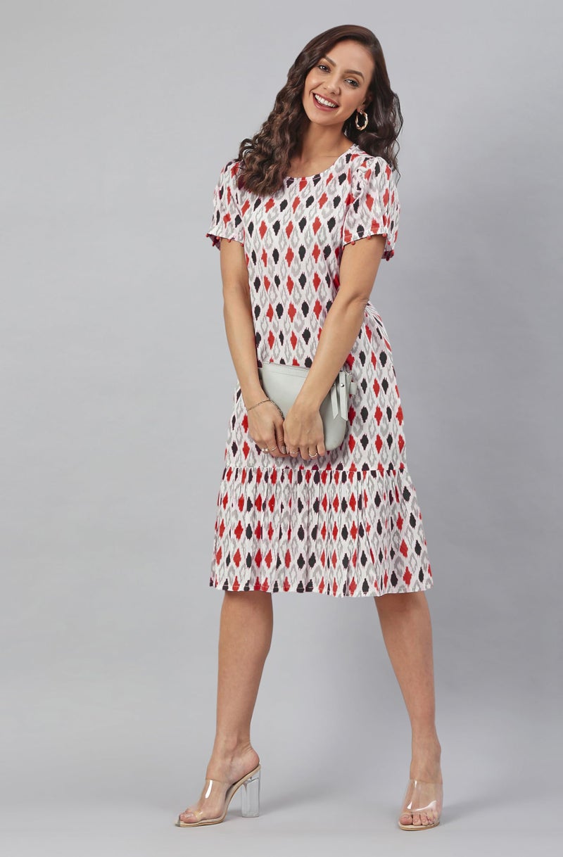Janasya Women's White Pure Cotton Ikkat Printed A-Line Dress (JAC24DR01426-XL) - Image 2