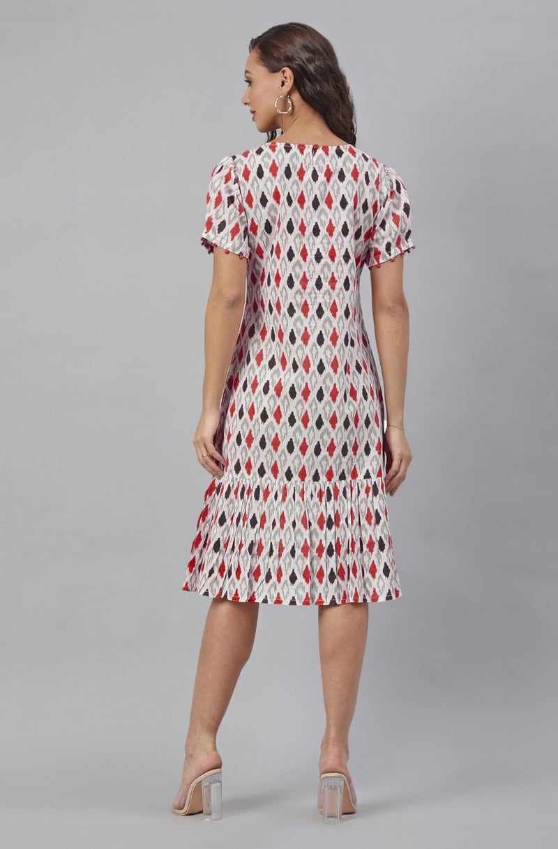 Janasya Women's White Pure Cotton Ikkat Printed A-Line Dress (JAC24DR01426-XL) - Image 5