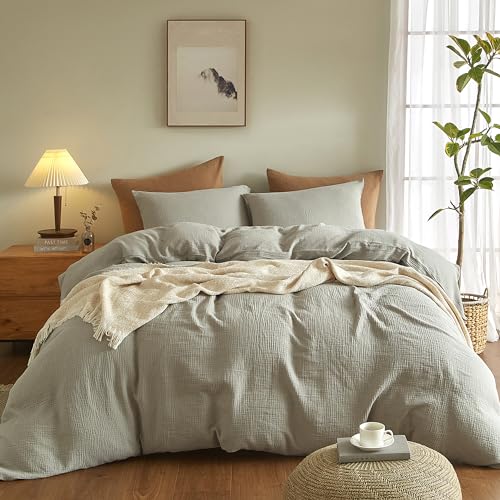 SE SOFTEXLY Muslin Duvet Cover Twin Size, 100% Washed Cotton Duvet Cover Set, Ultra Soft Comforter Cover Linen Like, 2 Pieces Minimalist Gauze Duvet Cover with 1 Pillowcase, 68"x90", Smoky-Green - Image 2