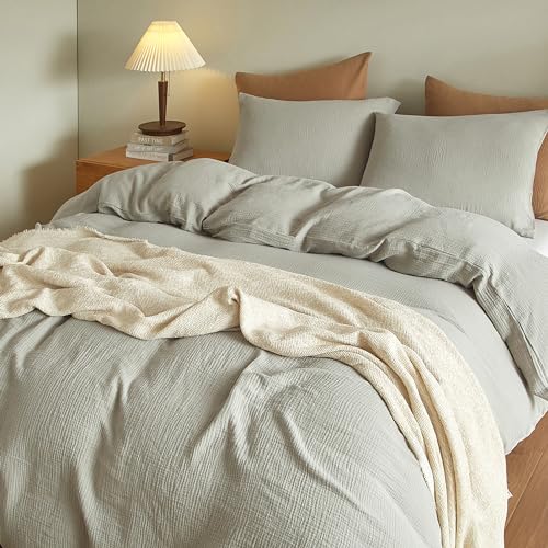 SE SOFTEXLY Muslin Duvet Cover Twin Size, 100% Washed Cotton Duvet Cover Set, Ultra Soft Comforter Cover Linen Like, 2 Pieces Minimalist Gauze Duvet Cover with 1 Pillowcase, 68"x90", Smoky-Green - Image 5