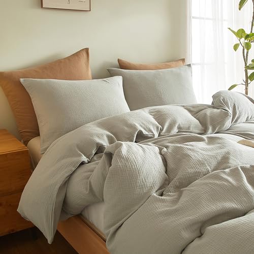 SE SOFTEXLY Muslin Duvet Cover Twin Size, 100% Washed Cotton Duvet Cover Set, Ultra Soft Comforter Cover Linen Like, 2 Pieces Minimalist Gauze Duvet Cover with 1 Pillowcase, 68"x90", Smoky-Green - Image 4