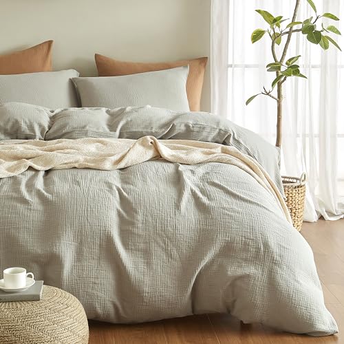 SE SOFTEXLY Muslin Duvet Cover Twin Size, 100% Washed Cotton Duvet Cover Set, Ultra Soft Comforter Cover Linen Like, 2 Pieces Minimalist Gauze Duvet Cover with 1 Pillowcase, 68"x90", Smoky-Green - Image 1