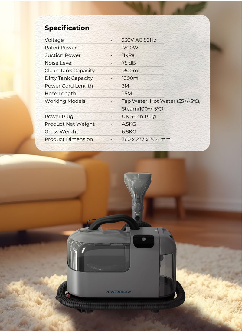 Powerology Powerful Spot & Stain Cleaner Hot Water & Steam Function 1200W/UK 3-Pin Plug/ Powerful Suction/ Dual Tank Clean & Dirty /Suitable for Kitchen, Sofa, Bathroom and Window/ Suction/Spray/Scrub/Upholstery and Carpet Cleaner /Multi-Surface Cleaning - Gray  - Image 2