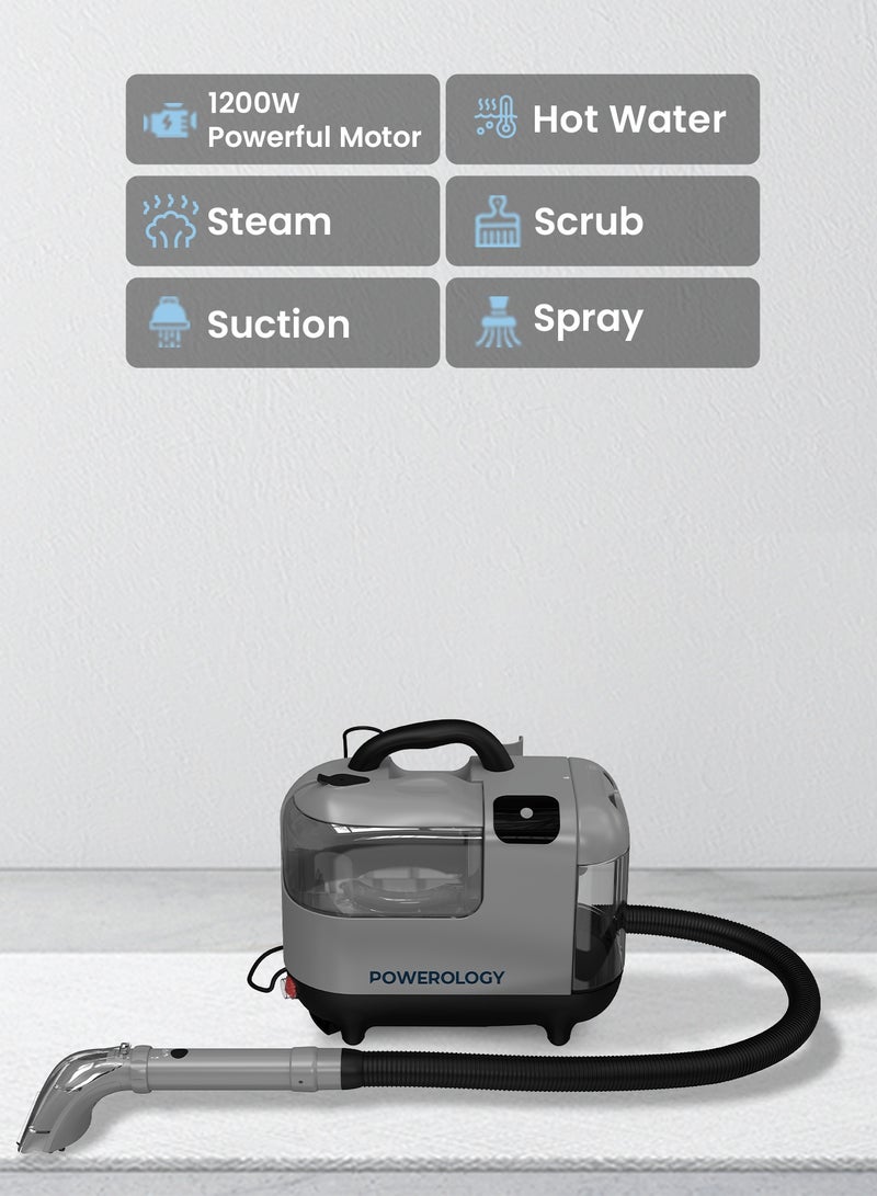 باورولوجي منظف ​​قوي للبقع والأوساخ مع وظيفة الماء الساخن والبخار، نظام خزان مزدوج، منظف متعدد الأسطح للمفروشات والسجاد والأرائك والحمامات والنوافذ والمطابخ والأماكن الخارجية وغيرها، قابس ثلاثي الأطراف بريطاني، يزيل البقع والانسكابات والبقع الصعبة 1200 واط - رمادي - Image 3