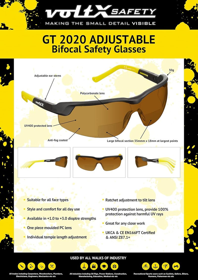 voltX GT ADJUSTABLE Bifocal Reading Safety Glasses BROWN Lens 25 UKCA CE EN166FT Certified Anti fog coated UV400 Lens Scratch resistant Tilt and length adjustable earstems - Image 4