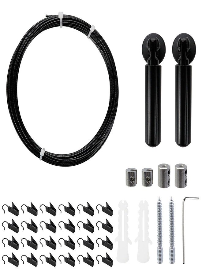 Nicerity Black Wall Mount Curtain Wire Rod Set Multifunctional Stainless Steel Clothesline Picture Hanging Wire with 24 Clips for Crafts Curtain Clothes Hanging, 16.4ft/5m - Image 1
