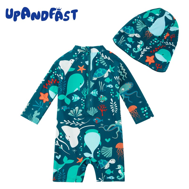 upandfast Infant Boy Swimsuit UPF 50+ Sun Protection Baby Boys' Swimwear One Piece Bathing Suit with Sun Hat (Green Whale, 9-12 Months) - Image 3