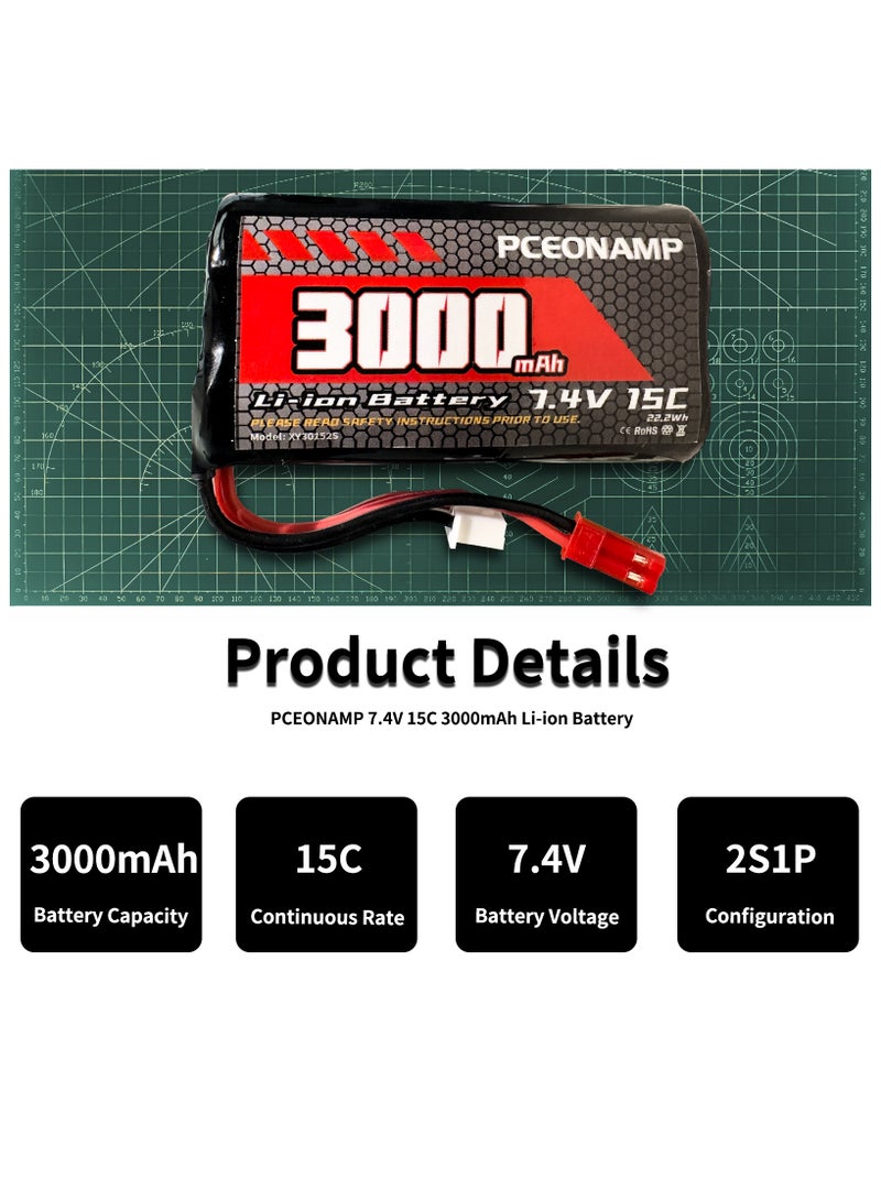 PCEONAMP 7.4V Li-ion Battery 3000mAh 2S with JST Plug Rechargeable High Capacity RC Battery with 2 USB Charger Cable for RC Car RC Boat - Image 2
