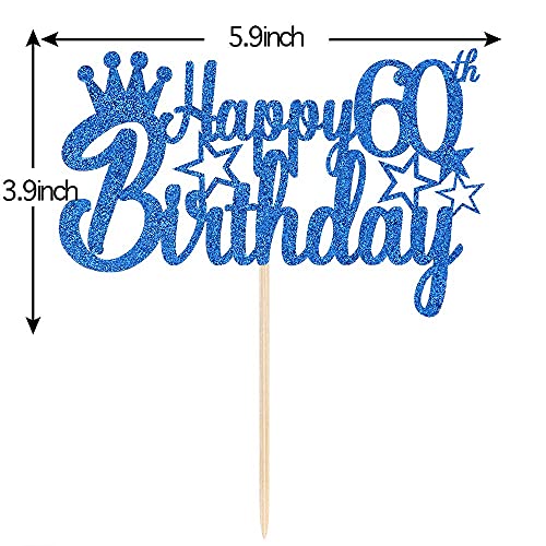 Festiko®Blue Glitter Happy 60th Birthday Cake Topper for Cheers to 60 Years/Queen Men Birthday 60 Years Blessed Anniversary Retirement Party Decorations Supplies - High Grade Color - Image 2