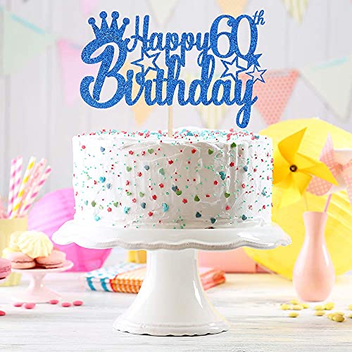 Festiko®Blue Glitter Happy 60th Birthday Cake Topper for Cheers to 60 Years/Queen Men Birthday 60 Years Blessed Anniversary Retirement Party Decorations Supplies - High Grade Color - Image 4